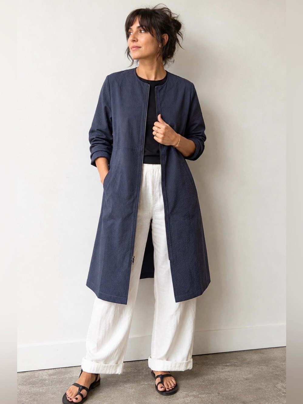 Peter Cohen Navy Seersucker Long Zip Coat Duster Minimalist Cotton XL